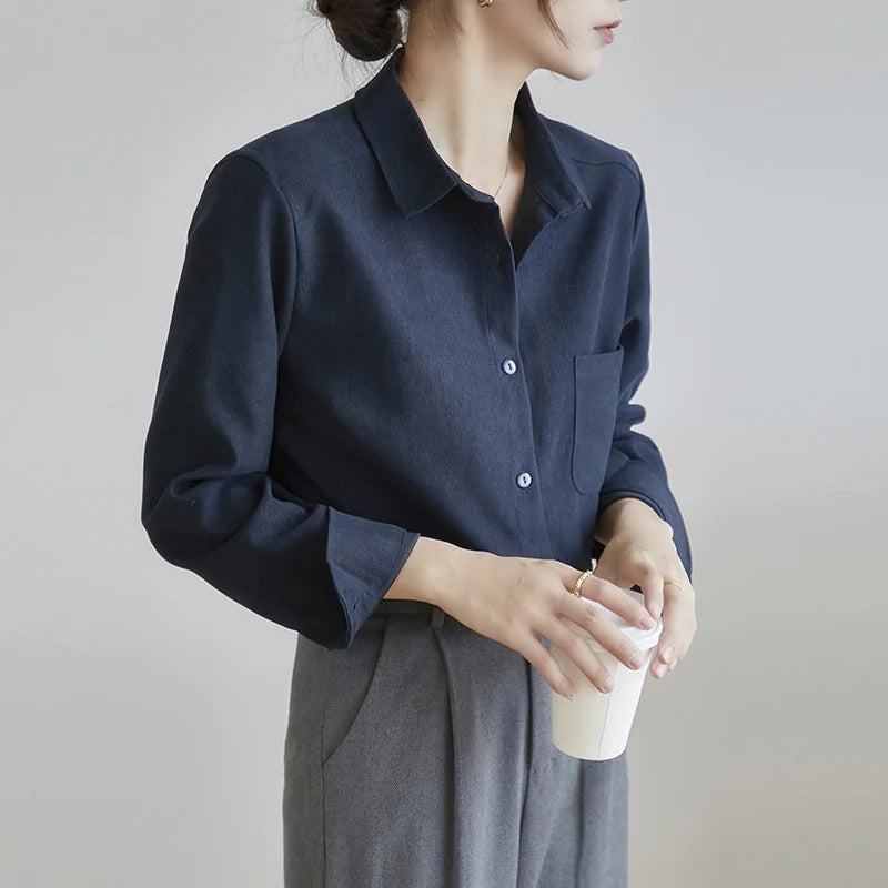 Women Autumn Corduroy Shirt with Bandage Front and Long Sleeves