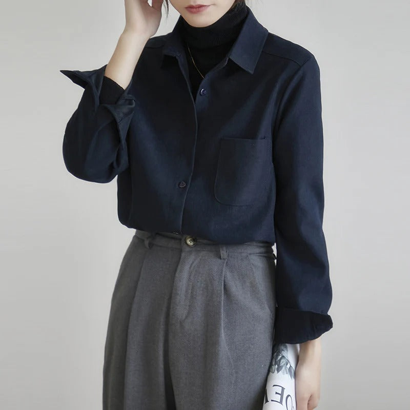 Women Autumn Corduroy Shirt with Bandage Front and Long Sleeves