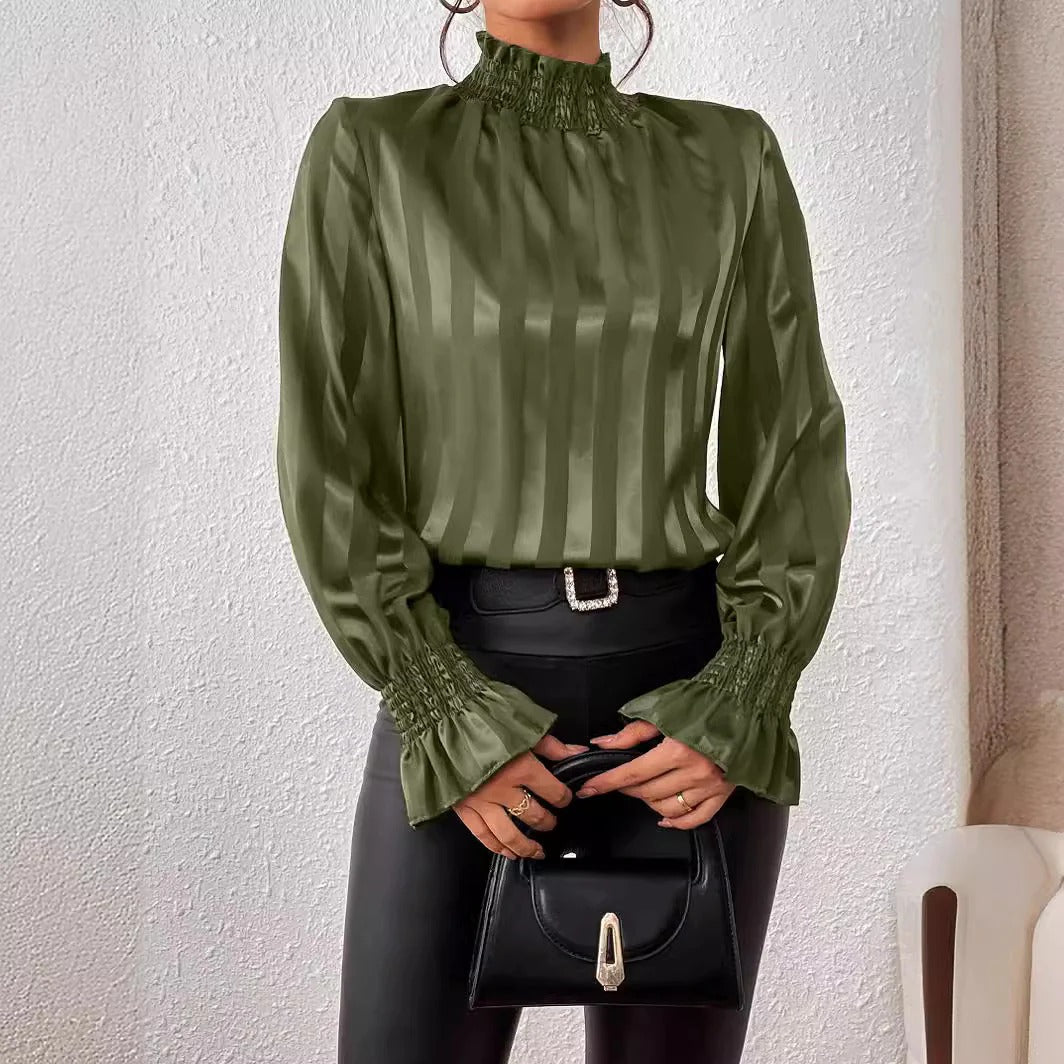 Women Autumn Satin Turtleneck Shirt with Bell Sleeves and Pleated Detail