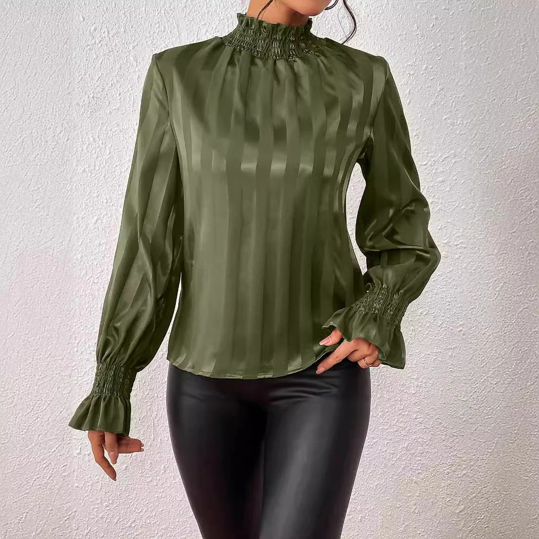 Women Autumn Satin Turtleneck Shirt with Bell Sleeves and Pleated Detail