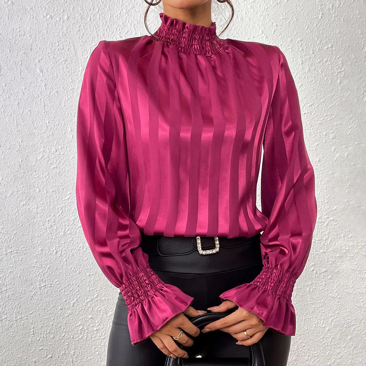Women Autumn Satin Turtleneck Shirt with Bell Sleeves and Pleated Detail