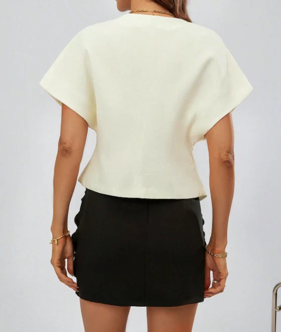 Women Summer Short Sleeve Shirt V-Neck Solid Color Regular Fit
