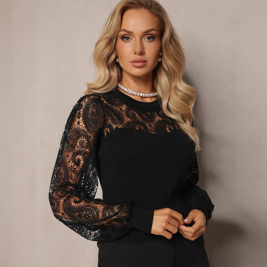 Women Spring Pullover Lace Hollow Slim Fit Long Sleeve