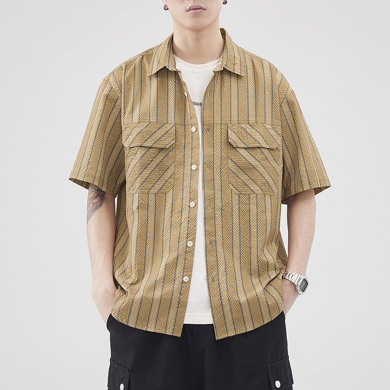Men's Summer Short Sleeve Cardigan Seersucker Striped Texture Lightweight