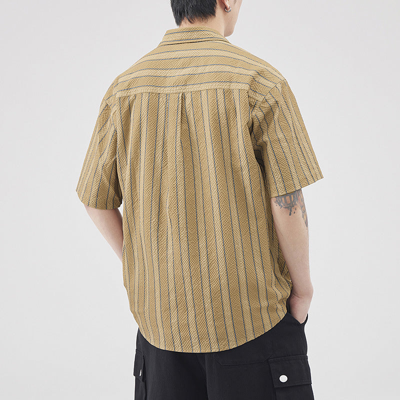 Men's Summer Short Sleeve Cardigan Seersucker Striped Texture Lightweight