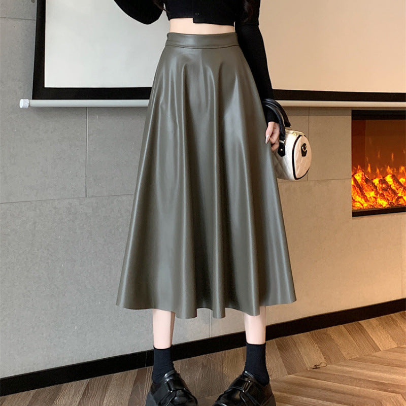Female Mid-Length A-Line Skirt With Umbrella Silhouette and Subtle Stretch PU Finish