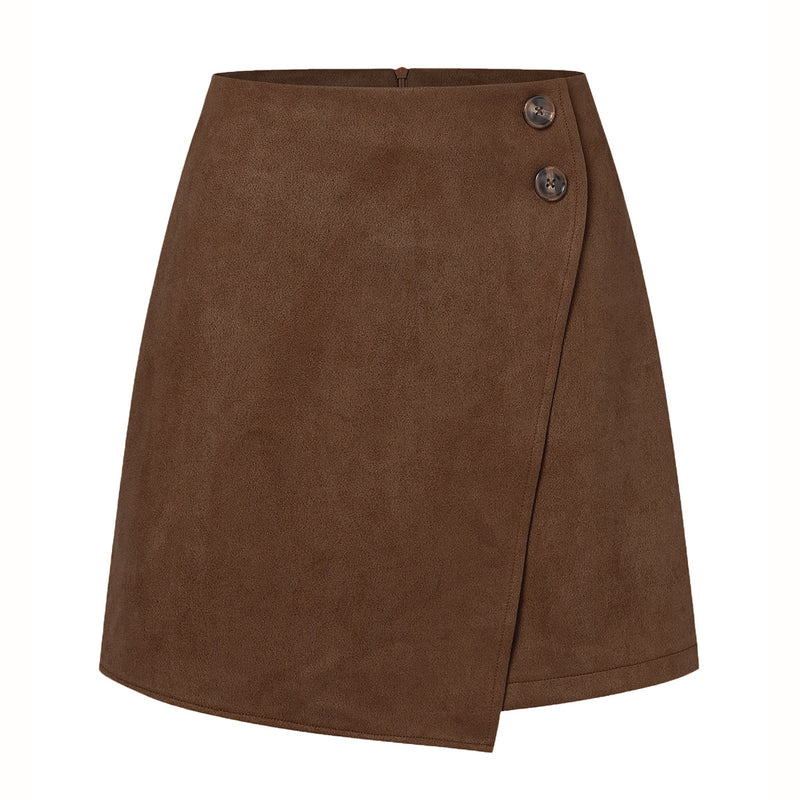 Female Autumn Short Skirt With High Waist Asymmetric Hem in Suede Look