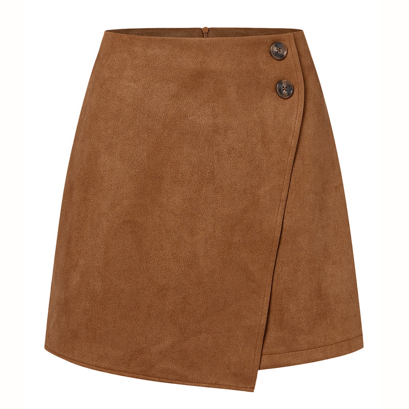 Female Autumn Short Skirt With High Waist Asymmetric Hem in Suede Look