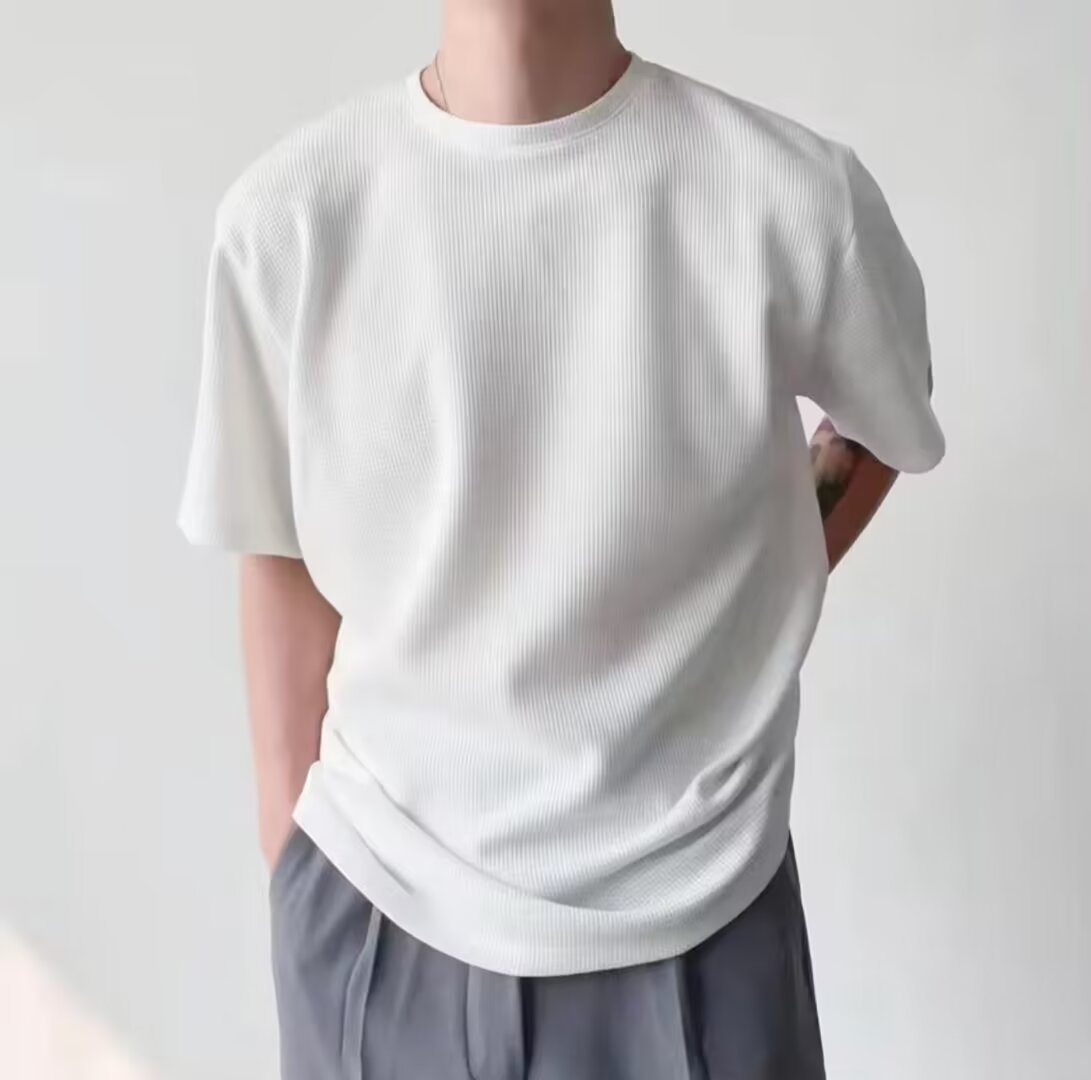 Men's Summer Waffle Knit Half Sleeve Pullover Crew Neck Solid Color