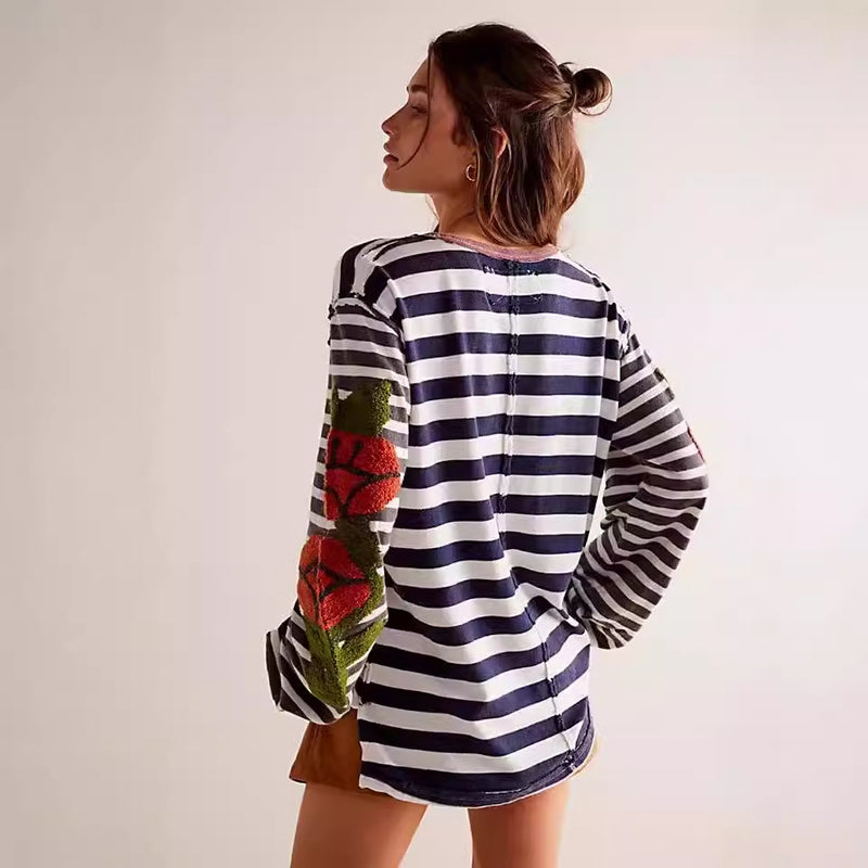 Women Spring Pullover Sweater Loose Fit With Striped Patchwork And Floral Embroidery