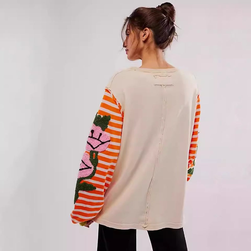 Women Spring Pullover Sweater Loose Fit With Striped Patchwork And Floral Embroidery