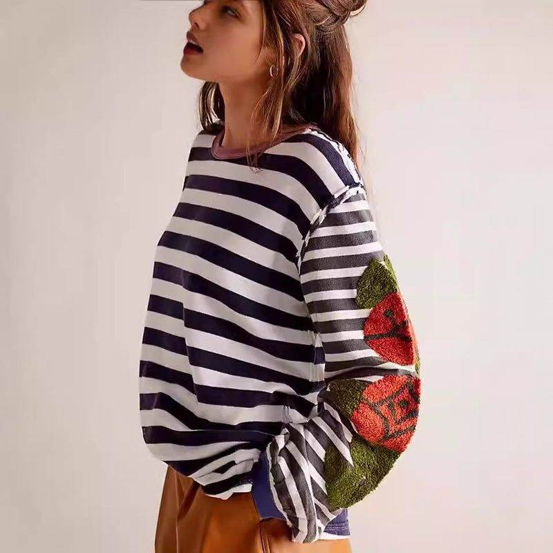Women Spring Pullover Sweater Loose Fit With Striped Patchwork And Floral Embroidery