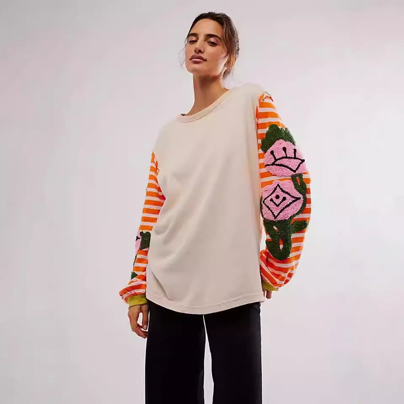 Women Spring Pullover Sweater Loose Fit With Striped Patchwork And Floral Embroidery