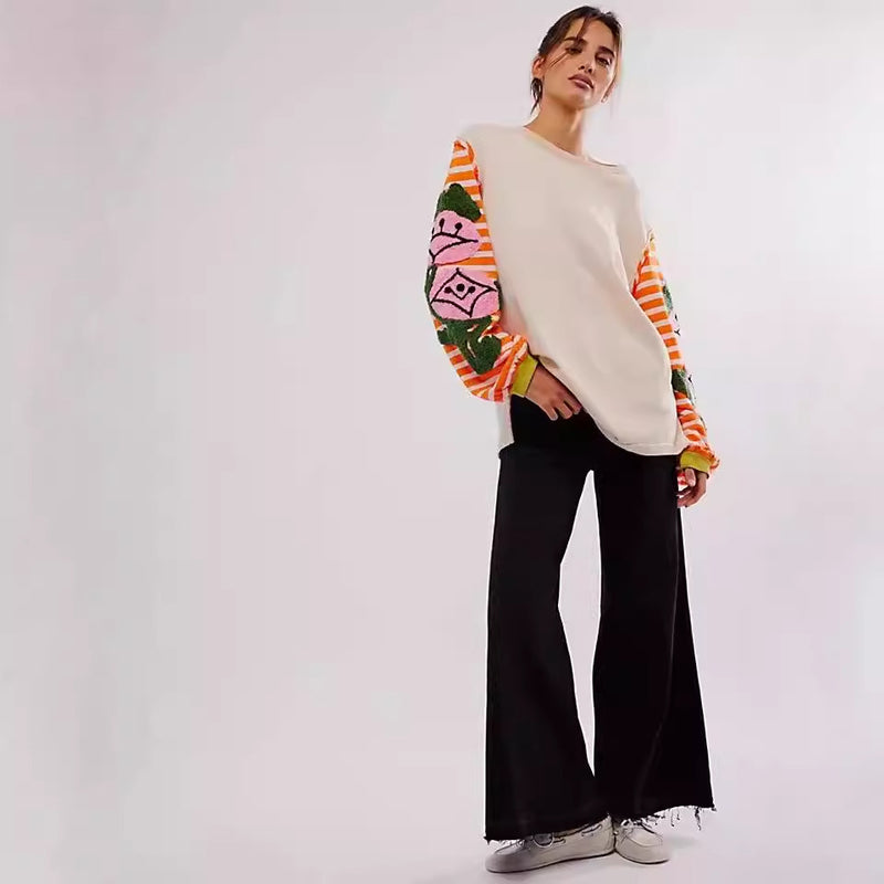 Women Spring Pullover Sweater Loose Fit With Striped Patchwork And Floral Embroidery