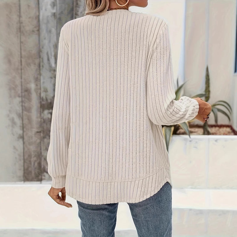 Women Spring Pullover Top With Crew Neck Splicing Detail And Loose Fit