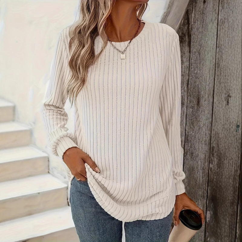 Women Spring Pullover Top With Crew Neck Splicing Detail And Loose Fit