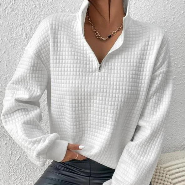 Women Fall Sweater With Waffle Knit Stand Collar And Front Zipper