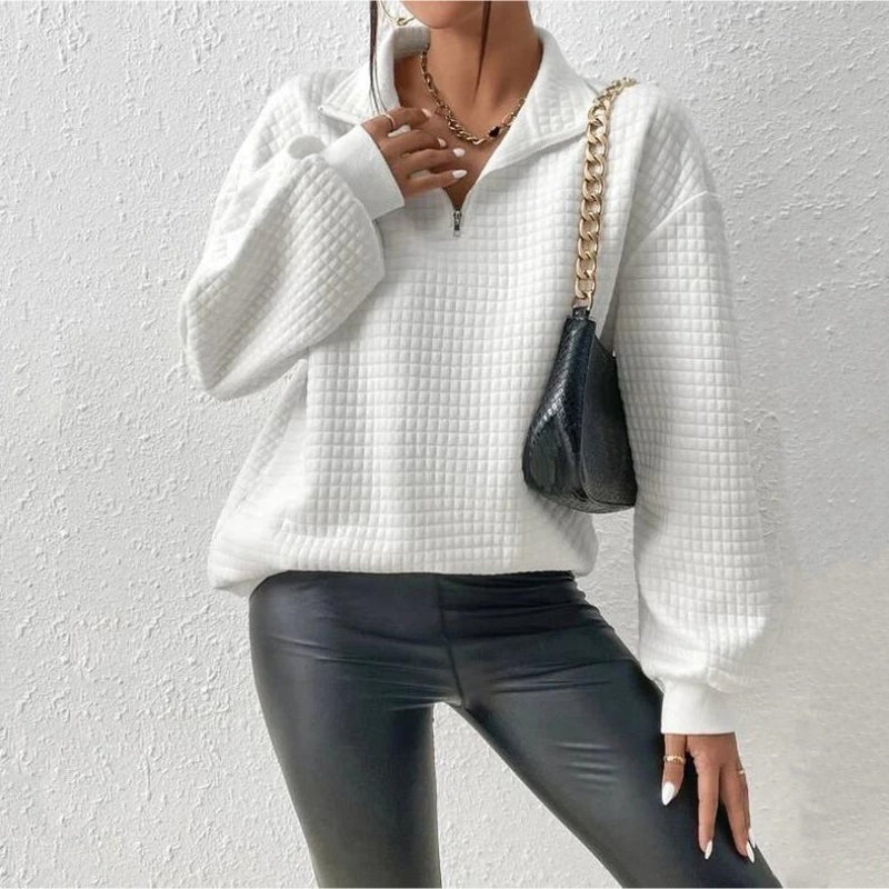 Women Fall Sweater With Waffle Knit Stand Collar And Front Zipper