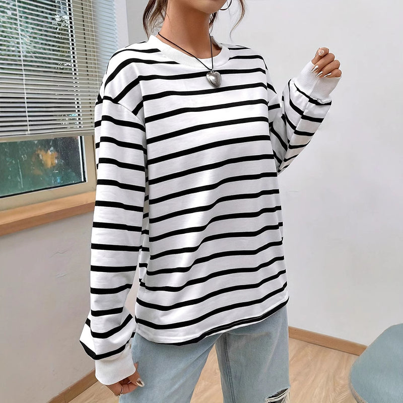 Women Long Sleeve Striped Sweater With Round Neck And Loose Fit