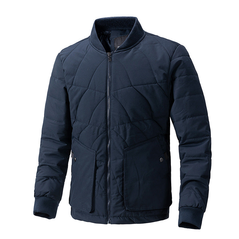 Men Autumn Padded Plaid Jacket With Stand Collar And Lightweight Construction