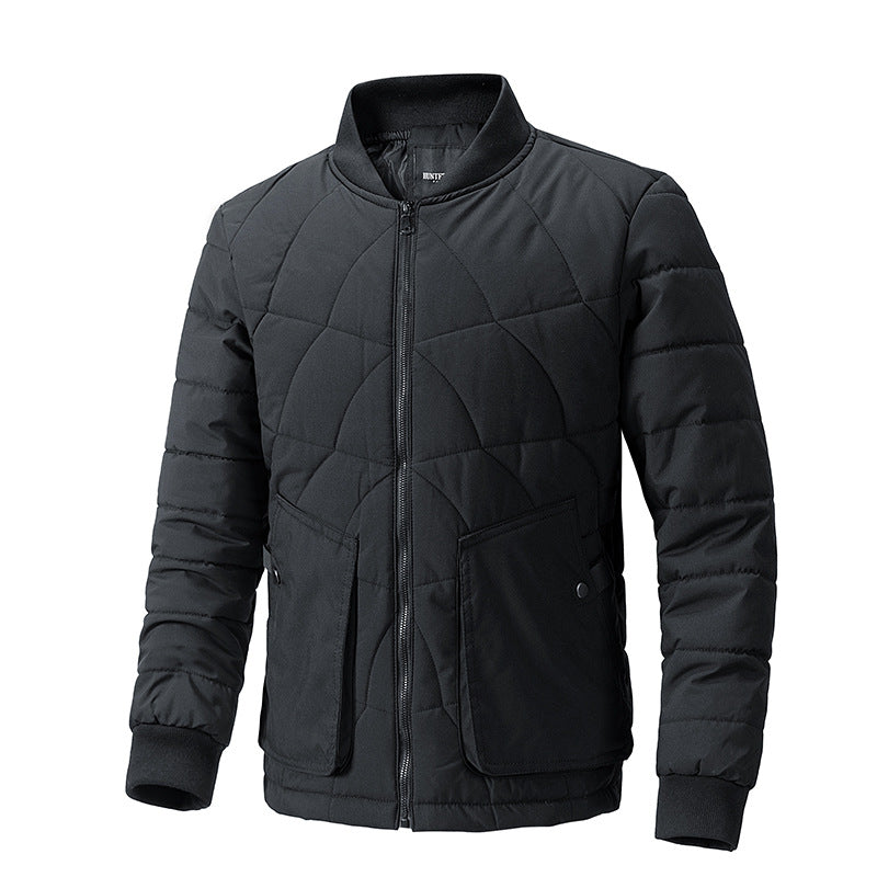 Men Autumn Padded Plaid Jacket With Stand Collar And Lightweight Construction