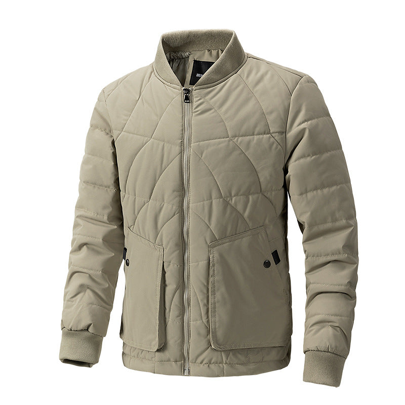 Men Autumn Padded Plaid Jacket With Stand Collar And Lightweight Construction