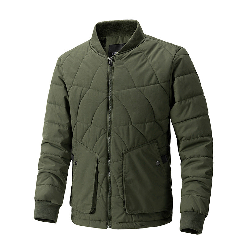 Men Autumn Padded Plaid Jacket With Stand Collar And Lightweight Construction