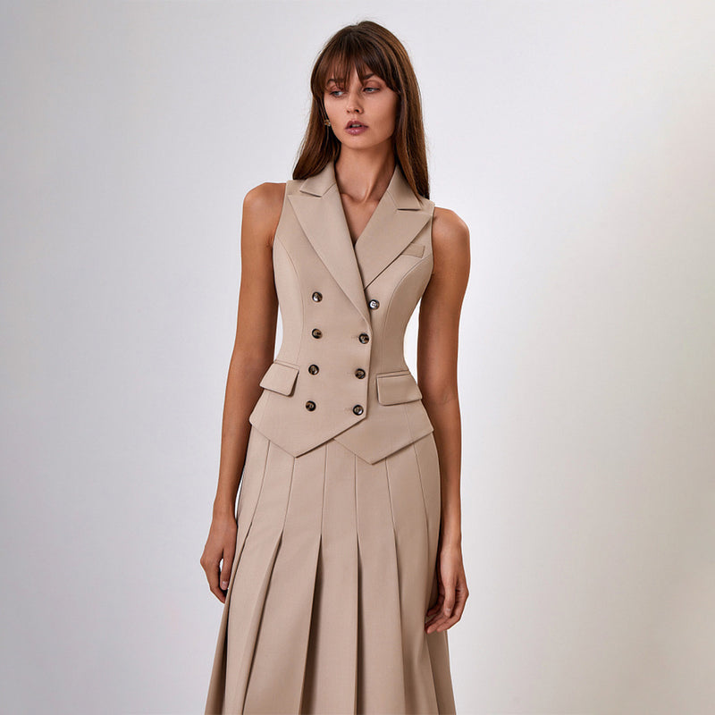 Female Summer Two-Piece Set Sleeveless Vest and Pleated Dress with Lightweight Polyester