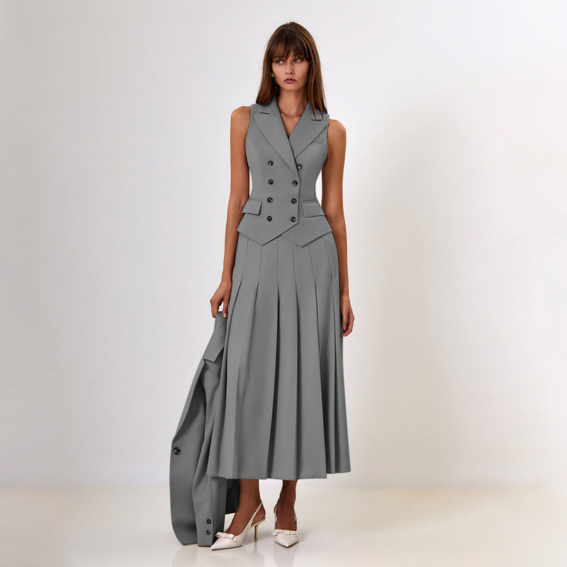 Female Summer Two-Piece Set Sleeveless Vest and Pleated Dress with Lightweight Polyester