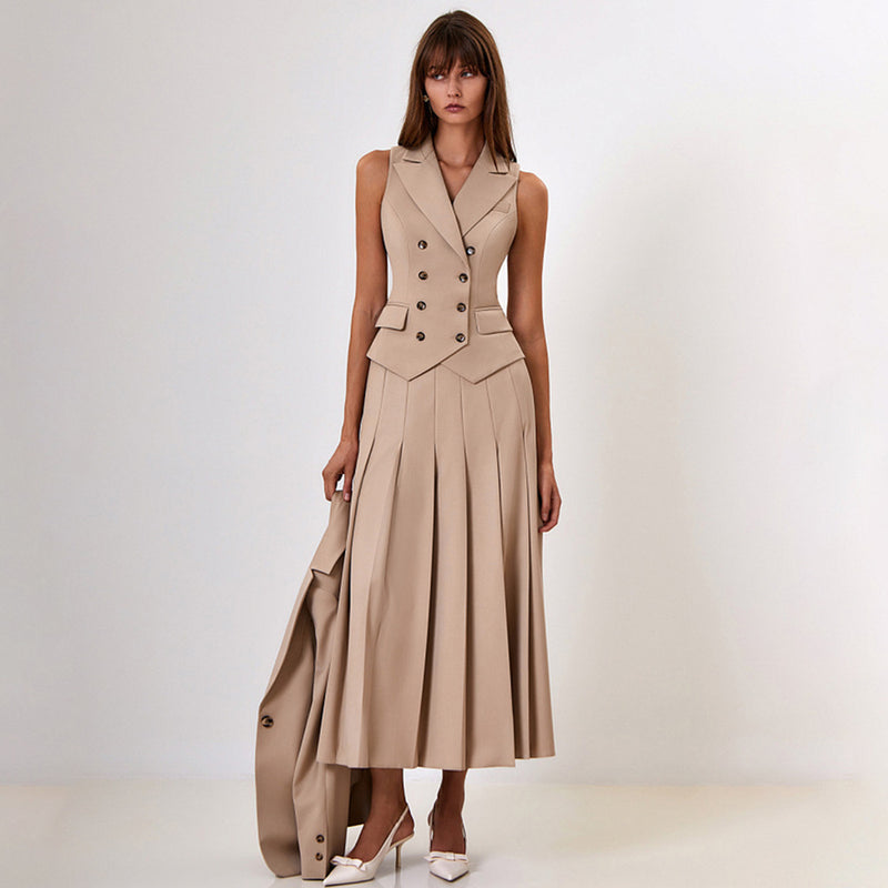 Female Summer Two-Piece Set Sleeveless Vest and Pleated Dress with Lightweight Polyester