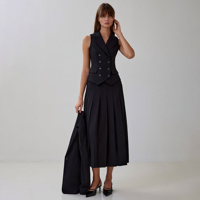 Female Summer Two-Piece Set Sleeveless Vest and Pleated Dress with Lightweight Polyester