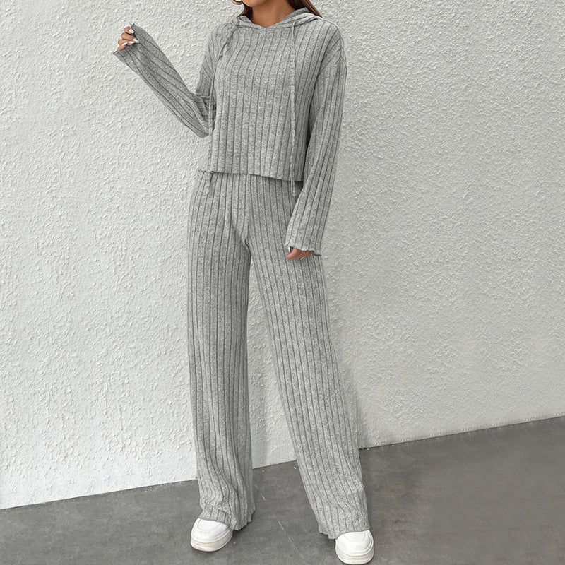 Women Autumn Hooded Two-Piece Suit with Long-Sleeve Top and Full-Length Trousers