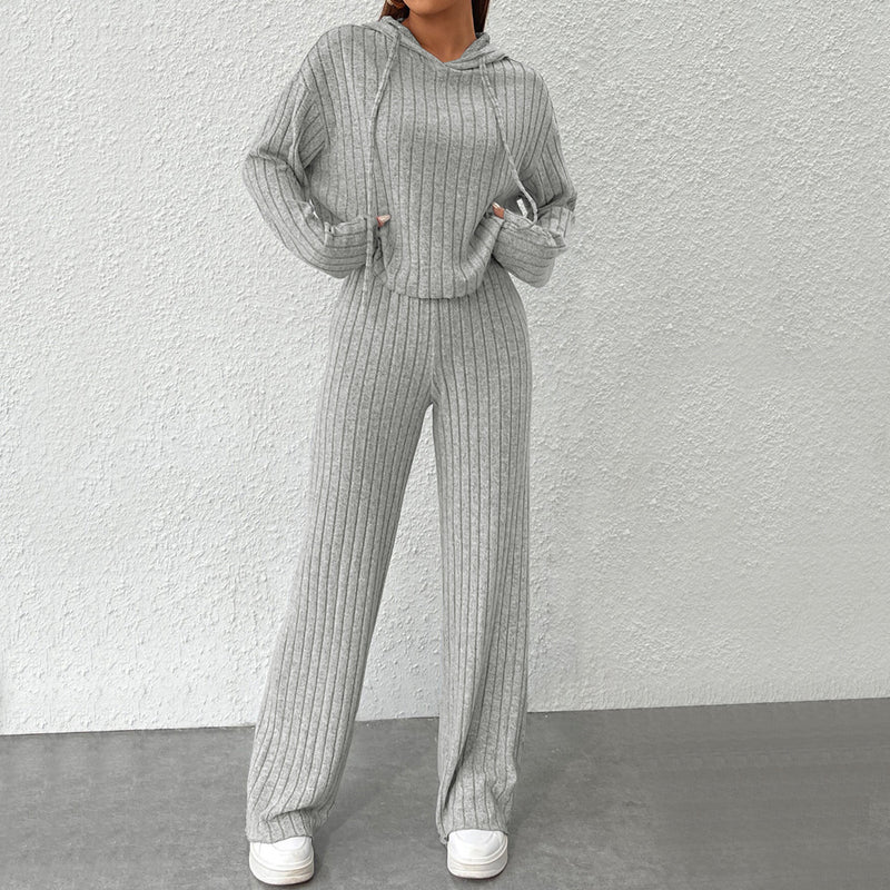 Women Autumn Hooded Two-Piece Suit with Long-Sleeve Top and Full-Length Trousers
