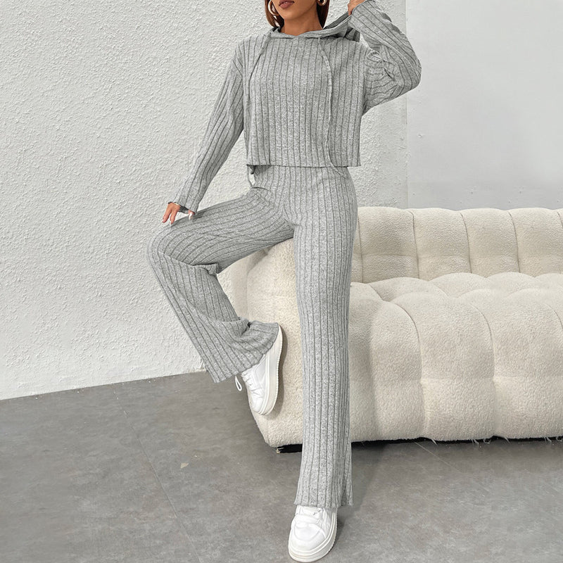 Women Autumn Hooded Two-Piece Suit with Long-Sleeve Top and Full-Length Trousers