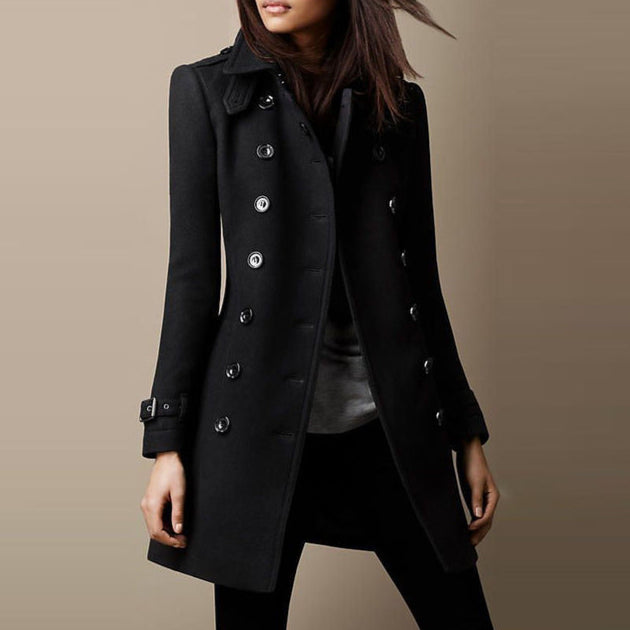 Women Spring Trench Coat With Mid Length Cut And Button Closure