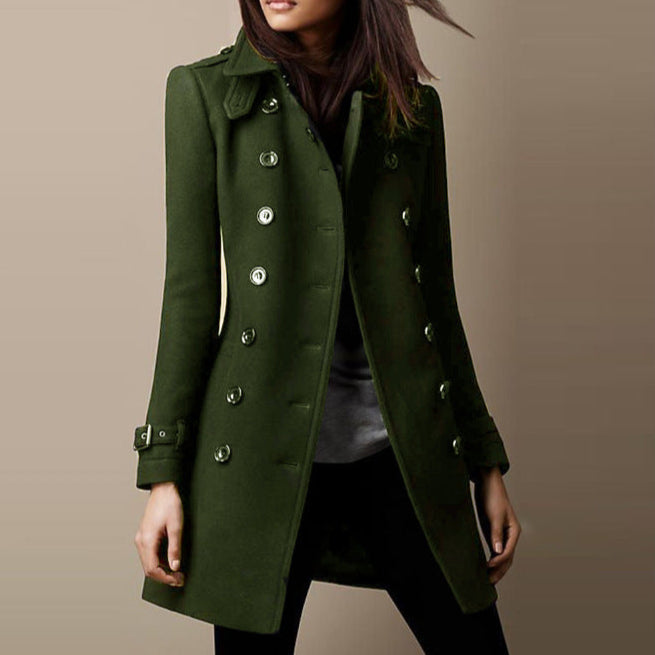 Women Spring Trench Coat With Mid Length Cut And Button Closure