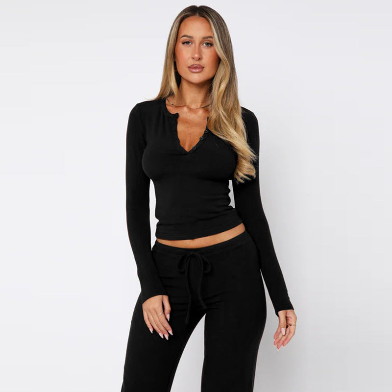 Women’s Fall Long-Sleeve Fitted Top and High-Waist Lace-Up Trousers Set