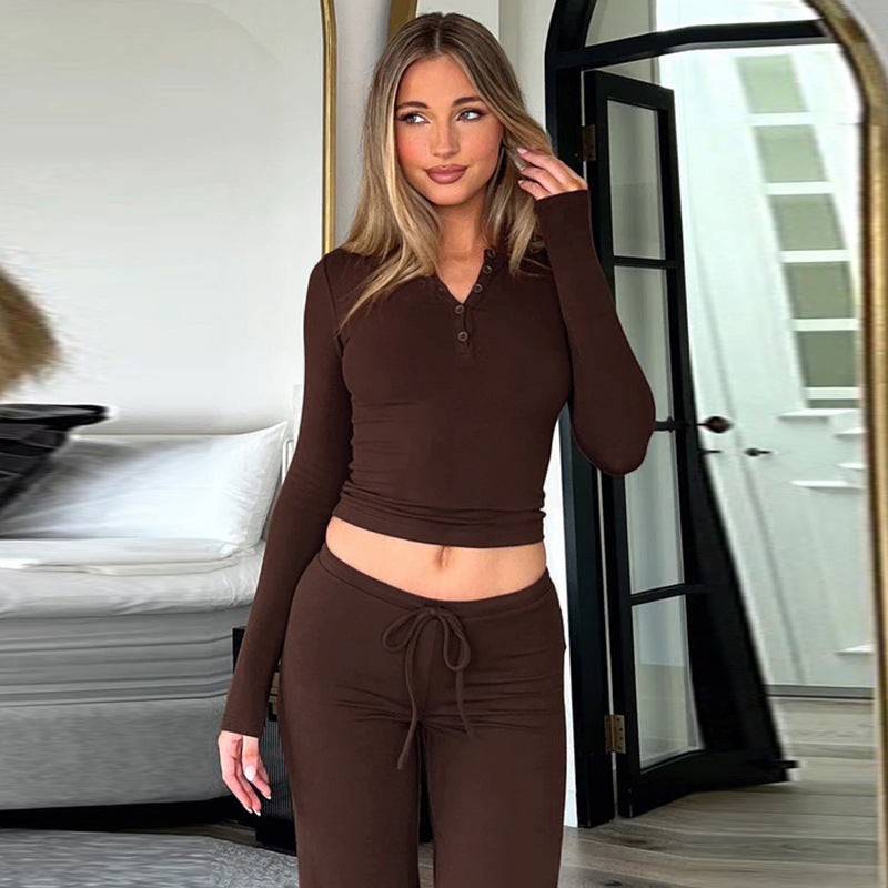 Women’s Fall Long-Sleeve Fitted Top and High-Waist Lace-Up Trousers Set