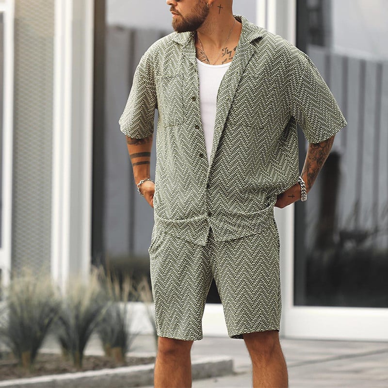 Men's Summer Short Sleeve Shirt And Shorts Set Gray Green