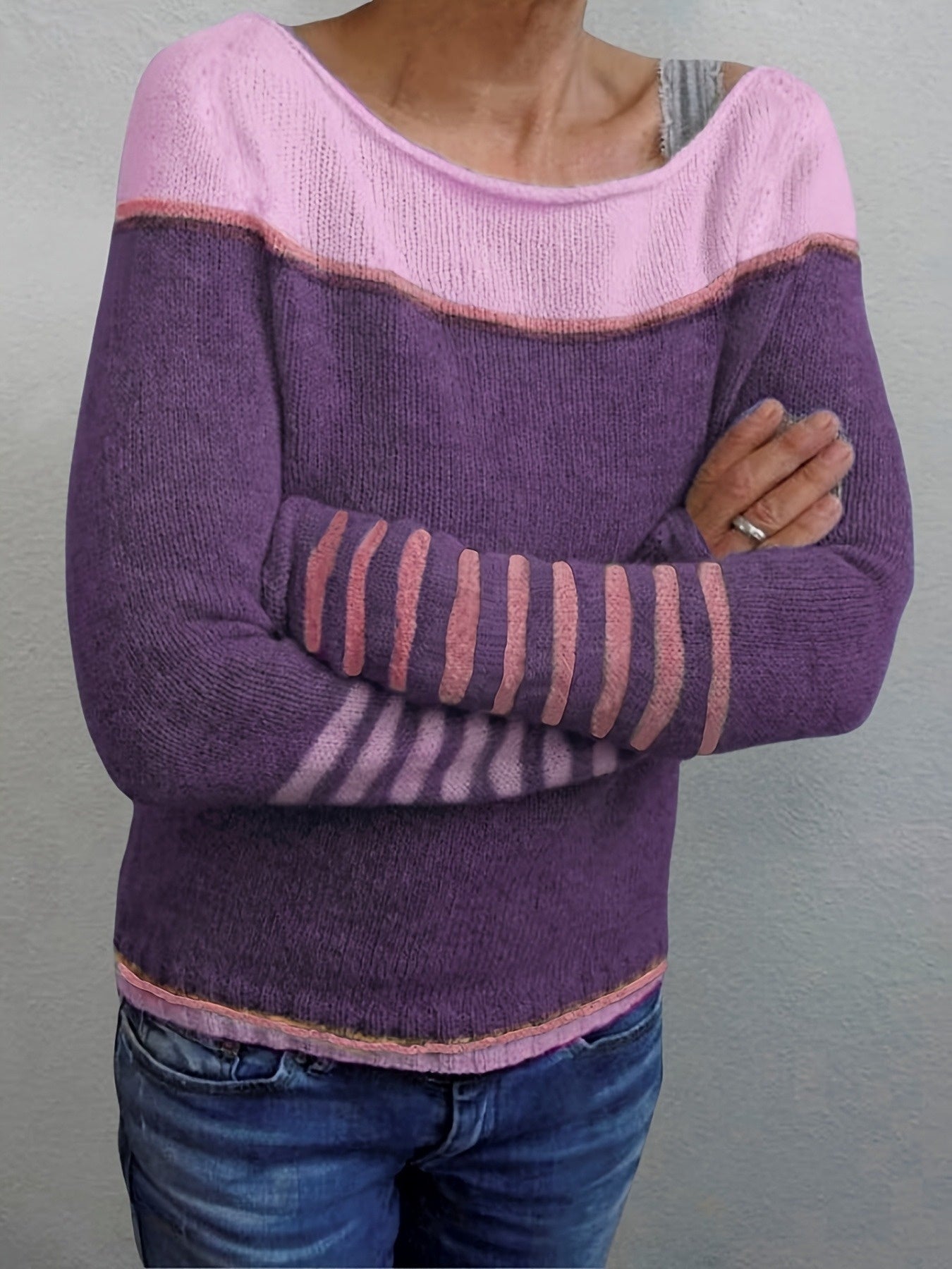 Women Striped Long-Sleeve Relaxed-Fit Sweater