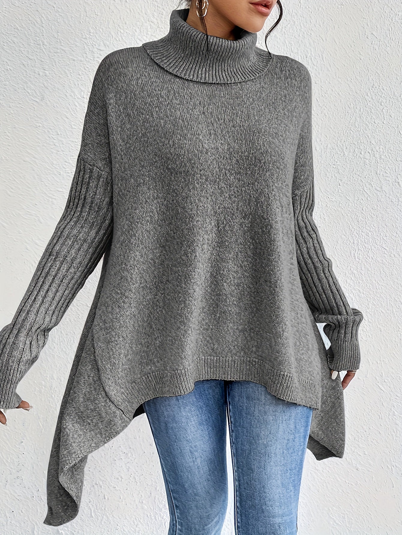 Women High Neck Sweater Asymmetrical Hem Long Sleeve