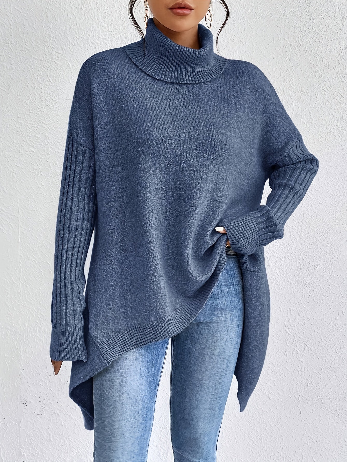 Women High Neck Sweater Asymmetrical Hem Long Sleeve