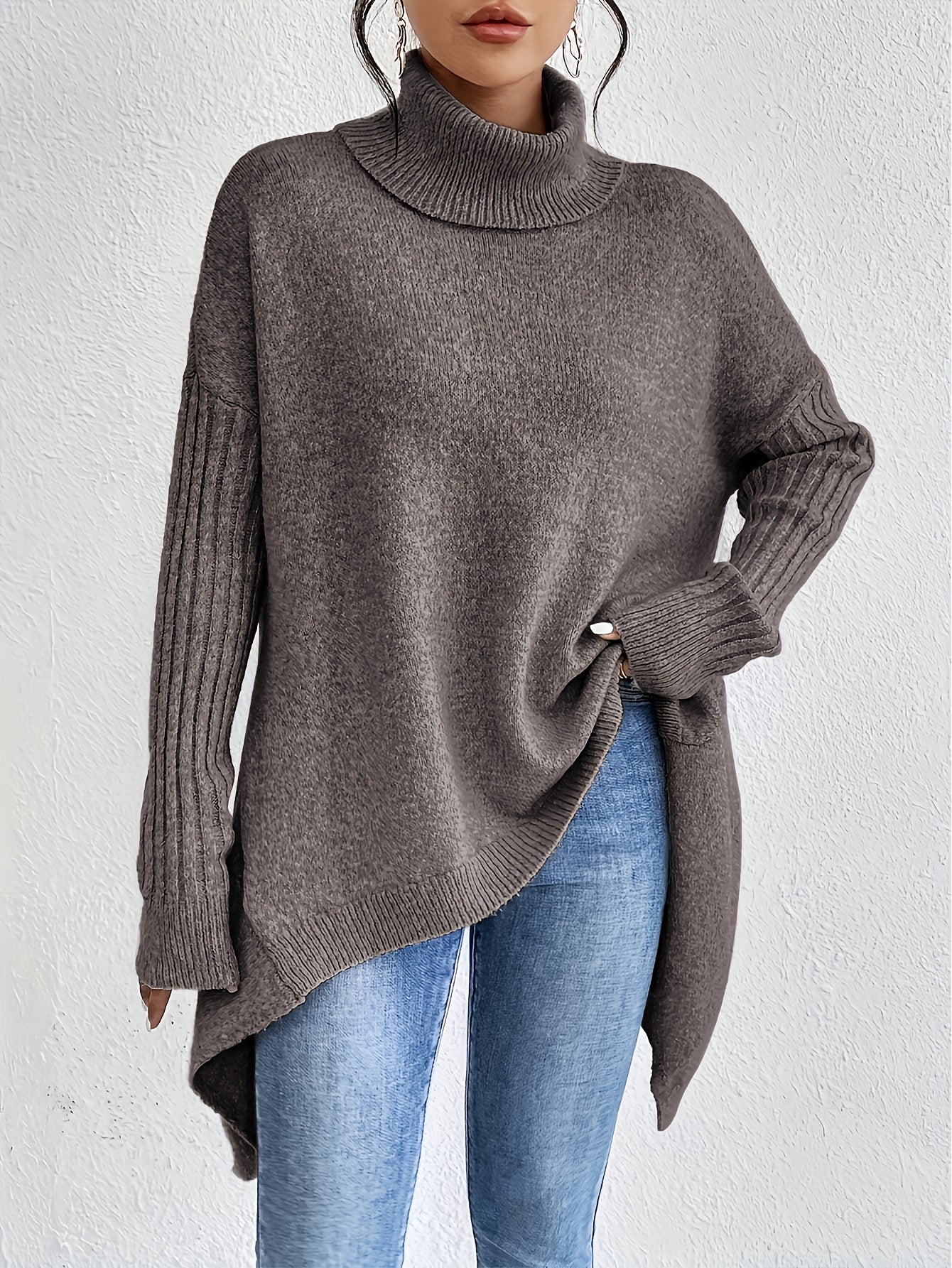Women High Neck Sweater Asymmetrical Hem Long Sleeve