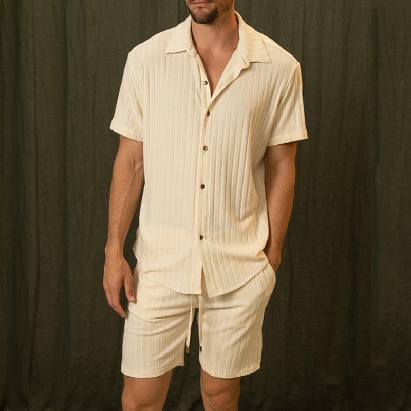 Men's Spring Two-Piece Set Short Sleeve Shirt and Shorts Light Yellow