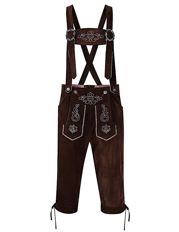 Elegant men's leather shorts with intricate embroidery and adjustable suspenders – the perfect Oktoberfest outfit