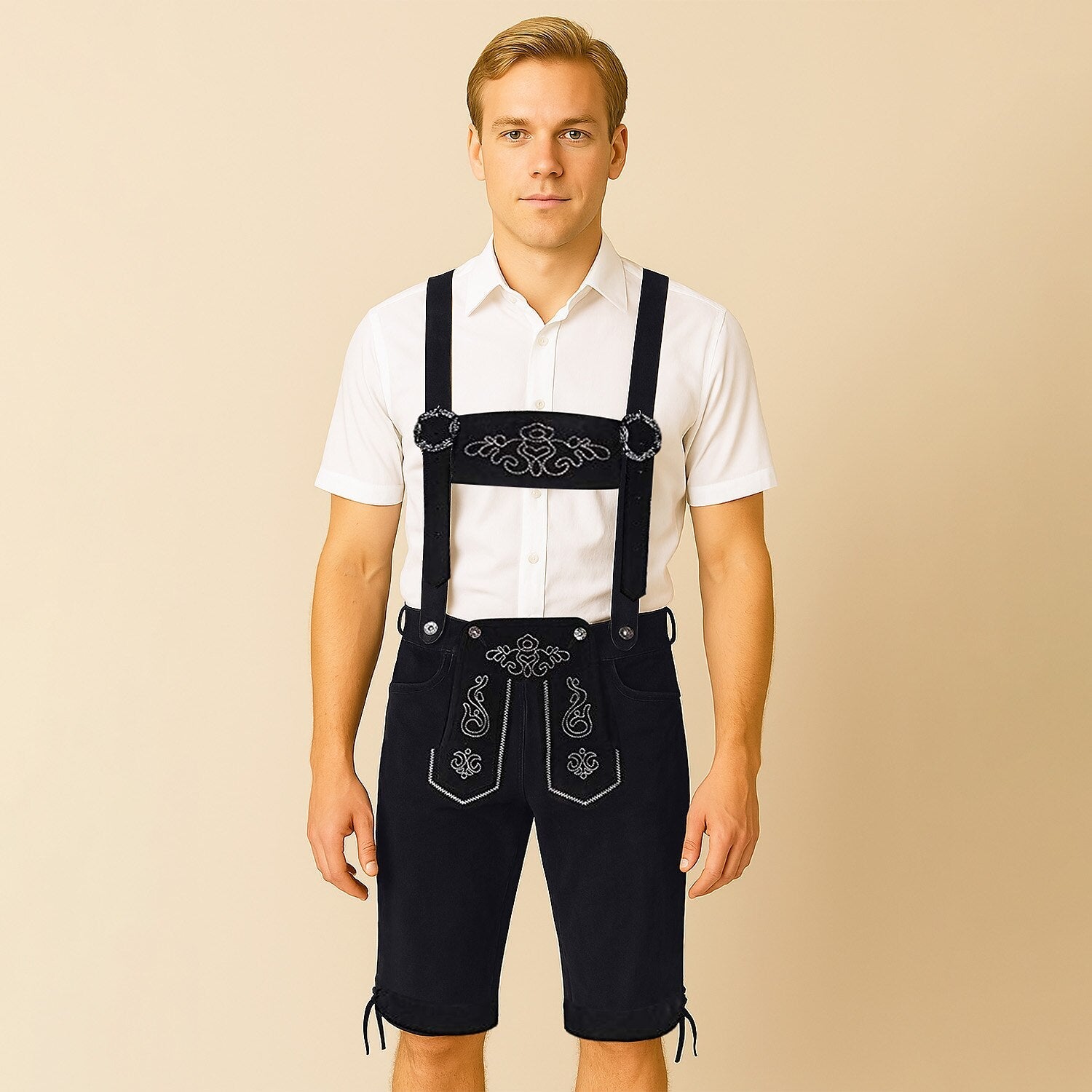 Elegant men's leather shorts with intricate embroidery and adjustable suspenders – the perfect Oktoberfest outfit