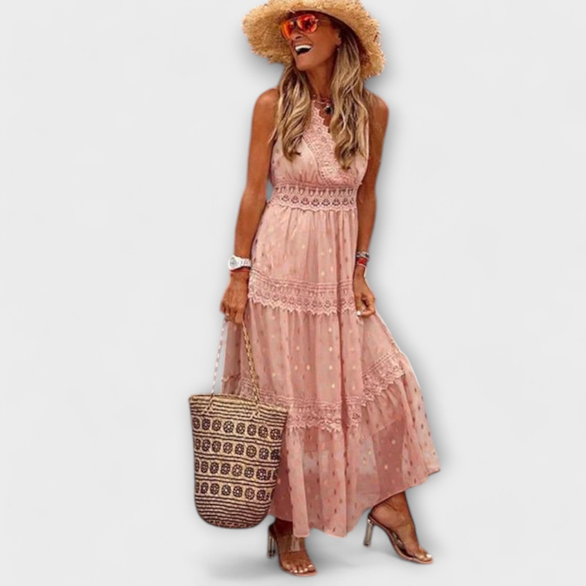 Women Summer Maxi Dress with Flowing Silhouette and Boho Lace Detailing