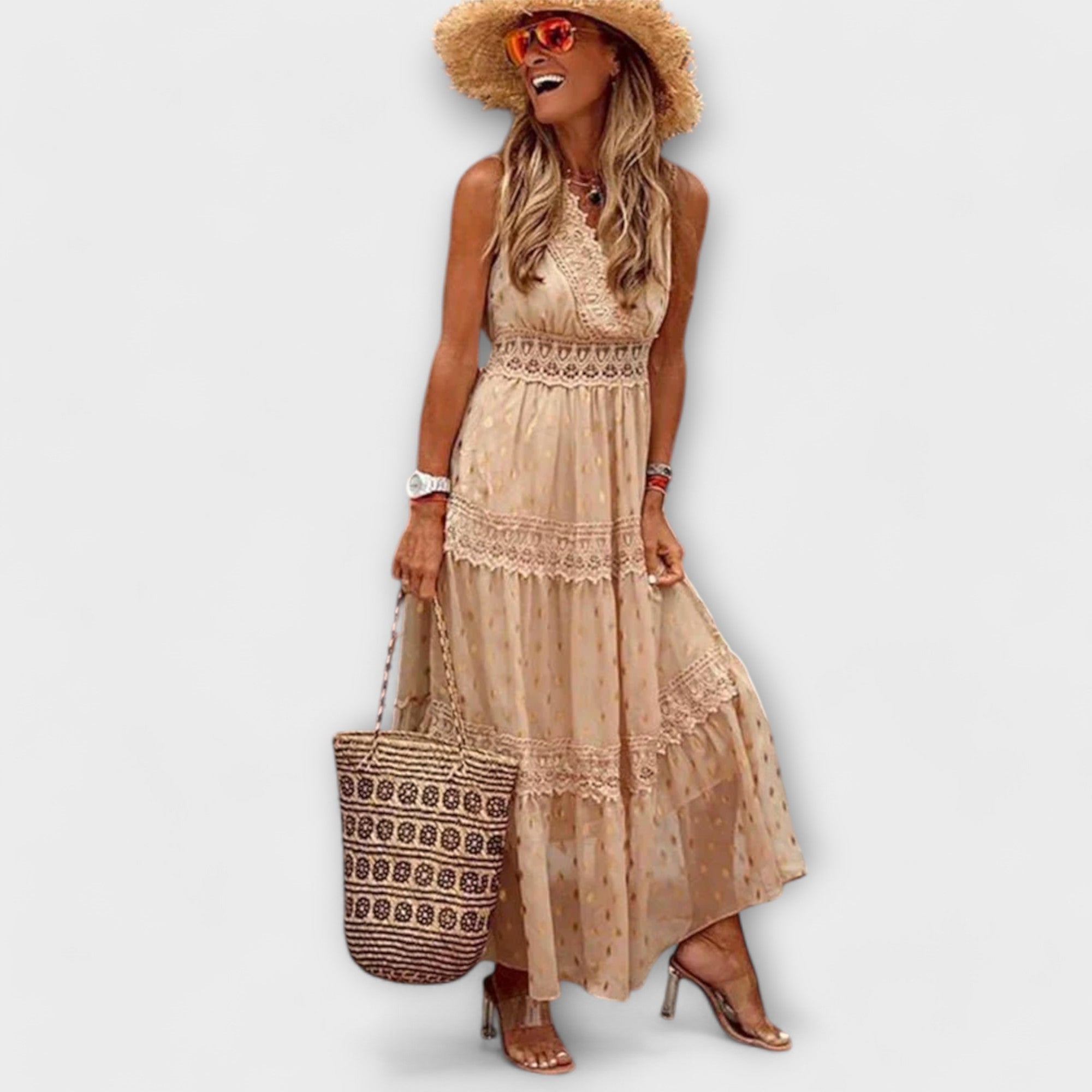 Women Summer Maxi Dress with Flowing Silhouette and Boho Lace Detailing