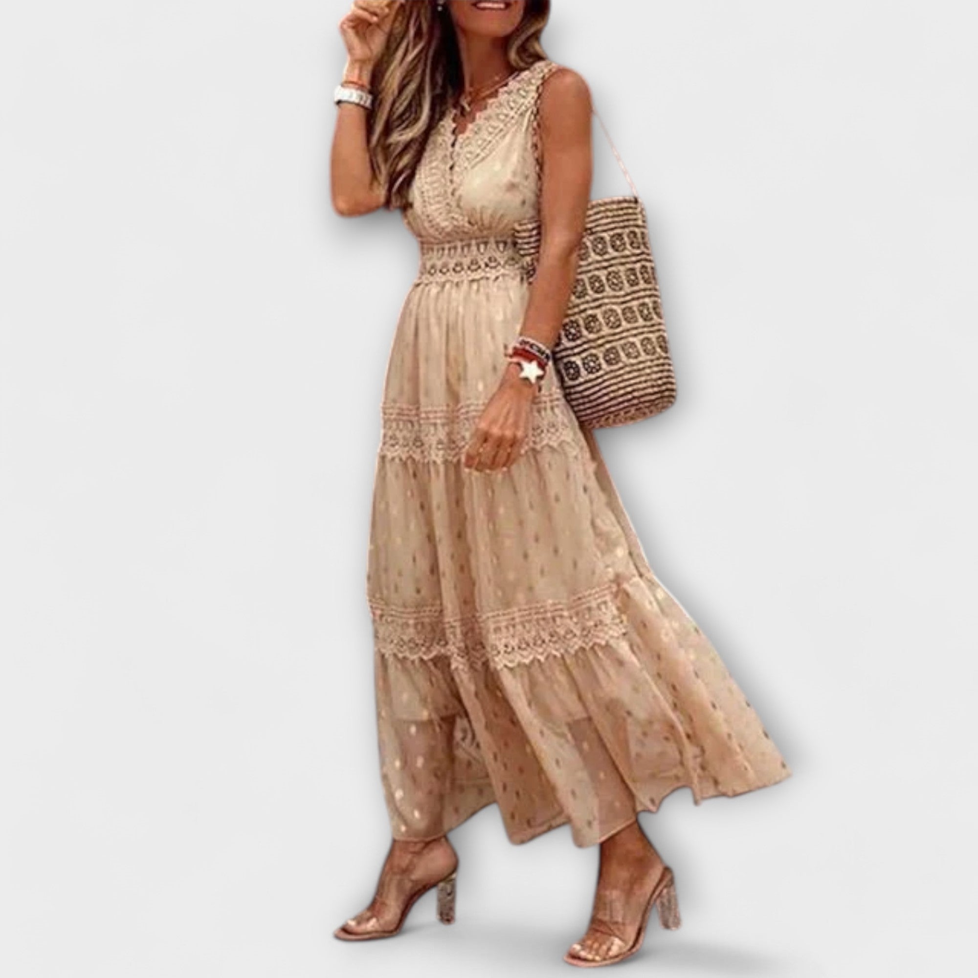 Women Summer Maxi Dress with Flowing Silhouette and Boho Lace Detailing