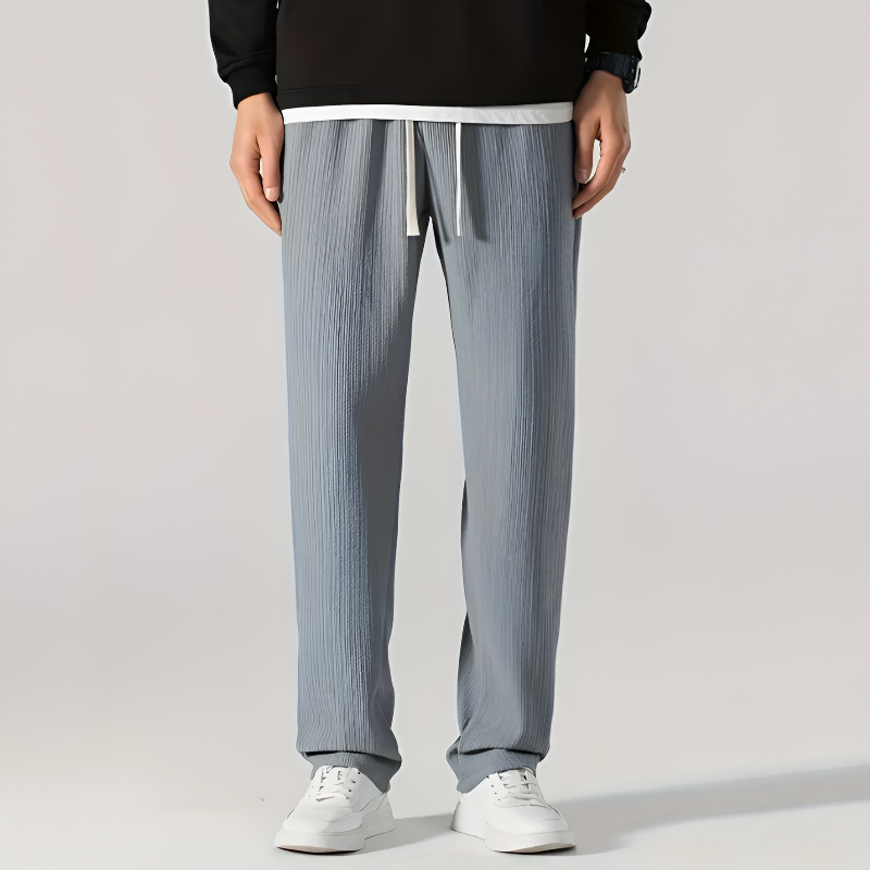 Men Ribbed Pants Straight Leg Drawstring Waistband Pull-On Design